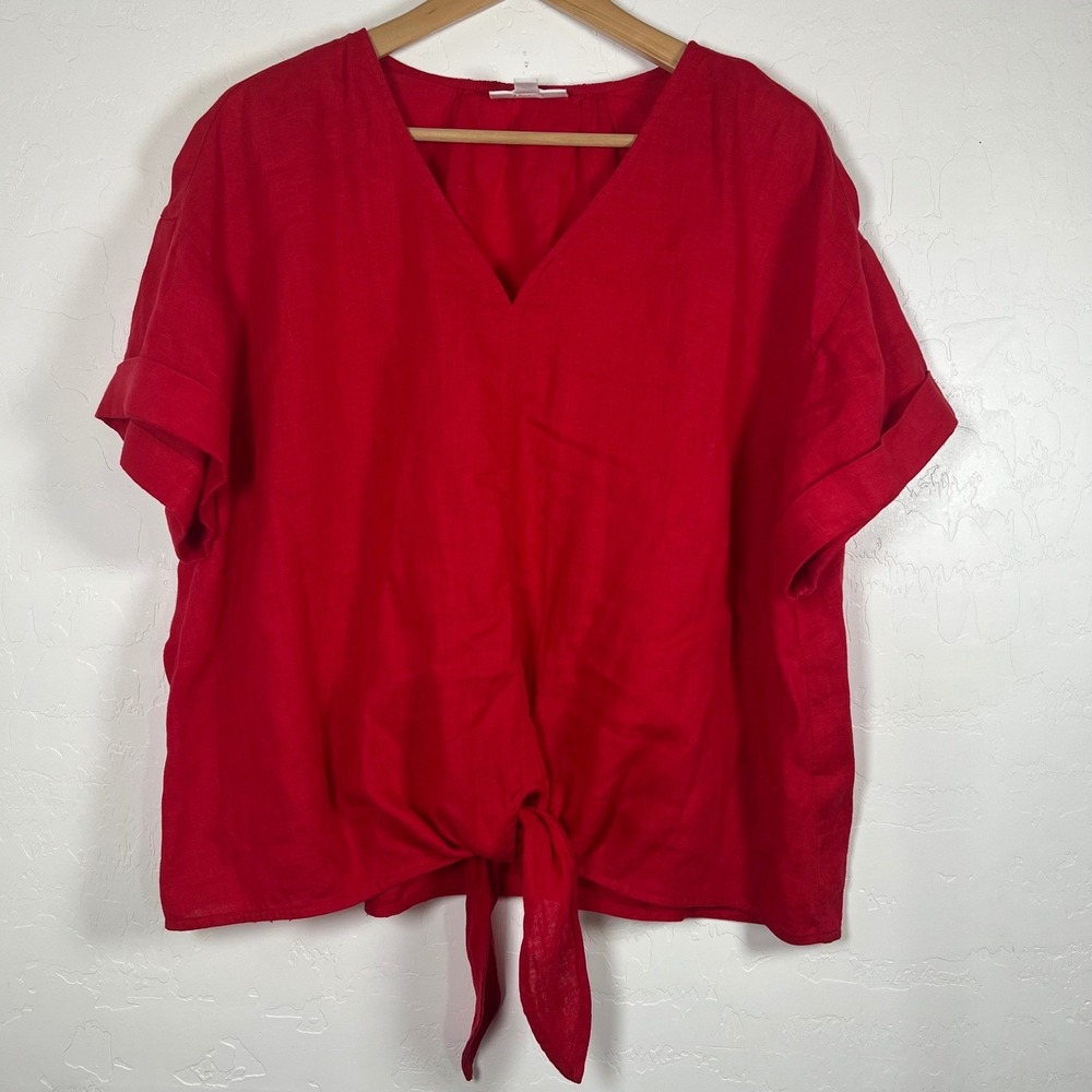 Charter Club Luxury Red 100% Linen Tie Front V-Neck Short Sleeve Top XXL Womens